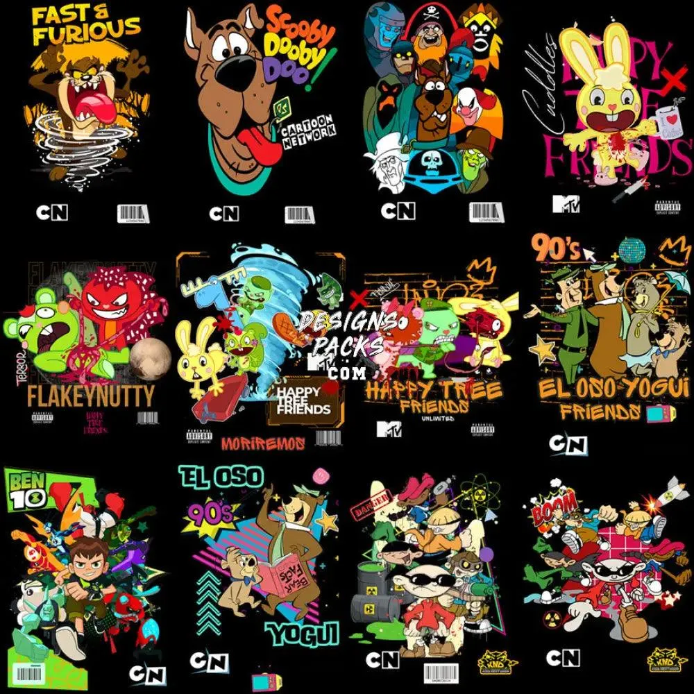 24 Cartoons 90s Kids Classics Street Wear Designs Bundle PNG