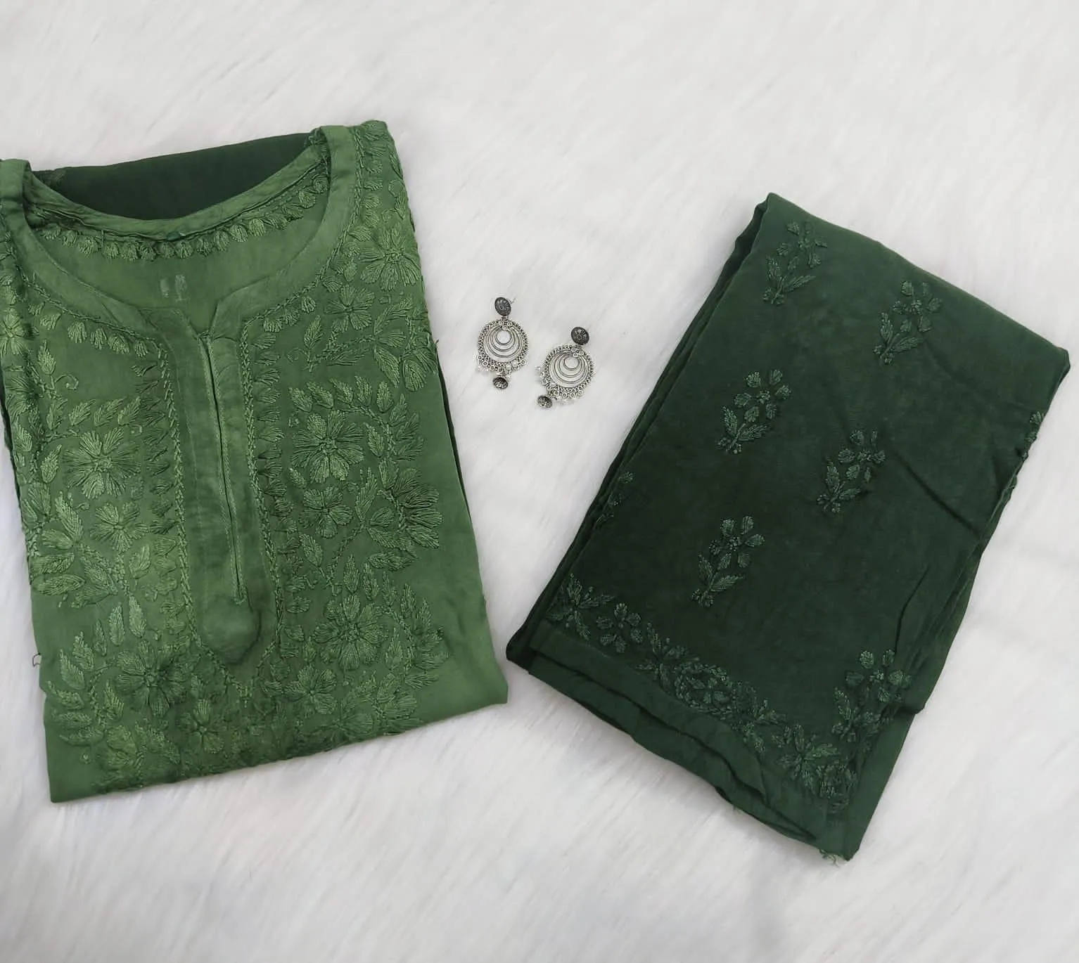 Army Green Elegance Unveiled Modal Chikankari Ensemble