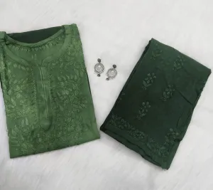 Army Green Elegance Unveiled Modal Chikankari Ensemble