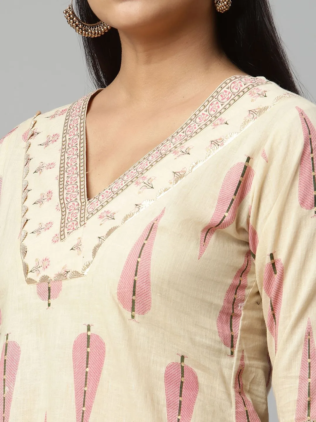 Beige Pure Cotton Printed Tunic