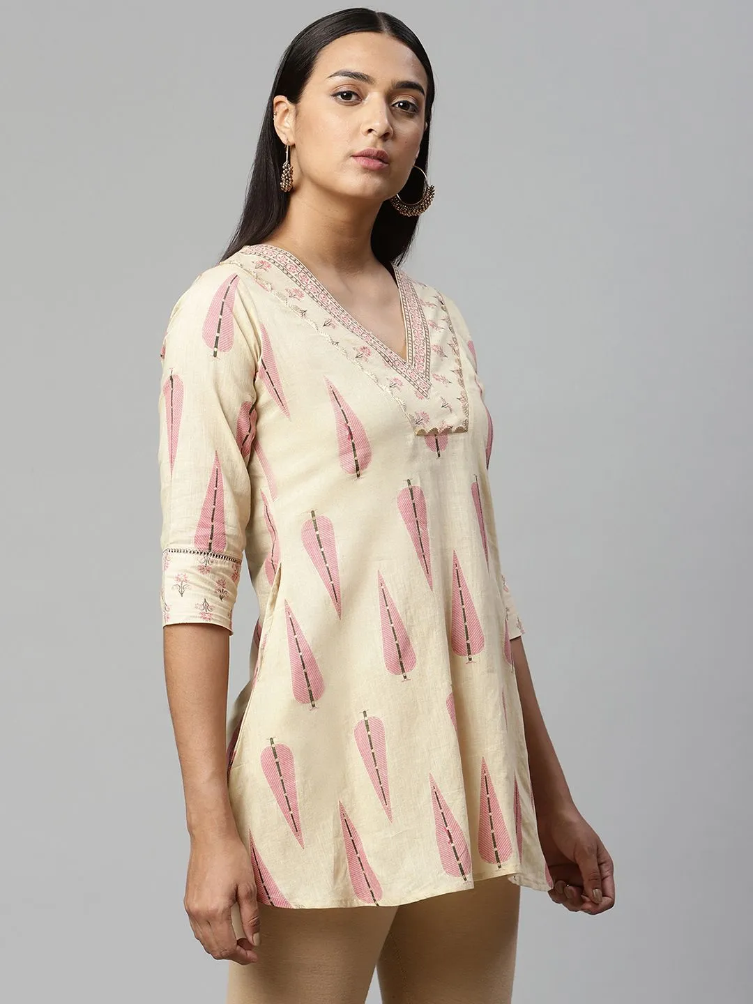 Beige Pure Cotton Printed Tunic