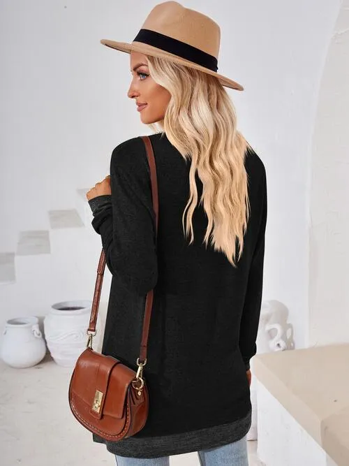 Crochet Contrast V-Neck Long Sleeve Slit T-Shirt