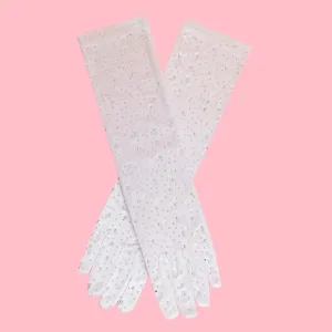 Elegant Light Gray Satin Finish Bridal Gloves with Dazzling Silver Rhinestones - Chic Long Women's Wedding Accessory