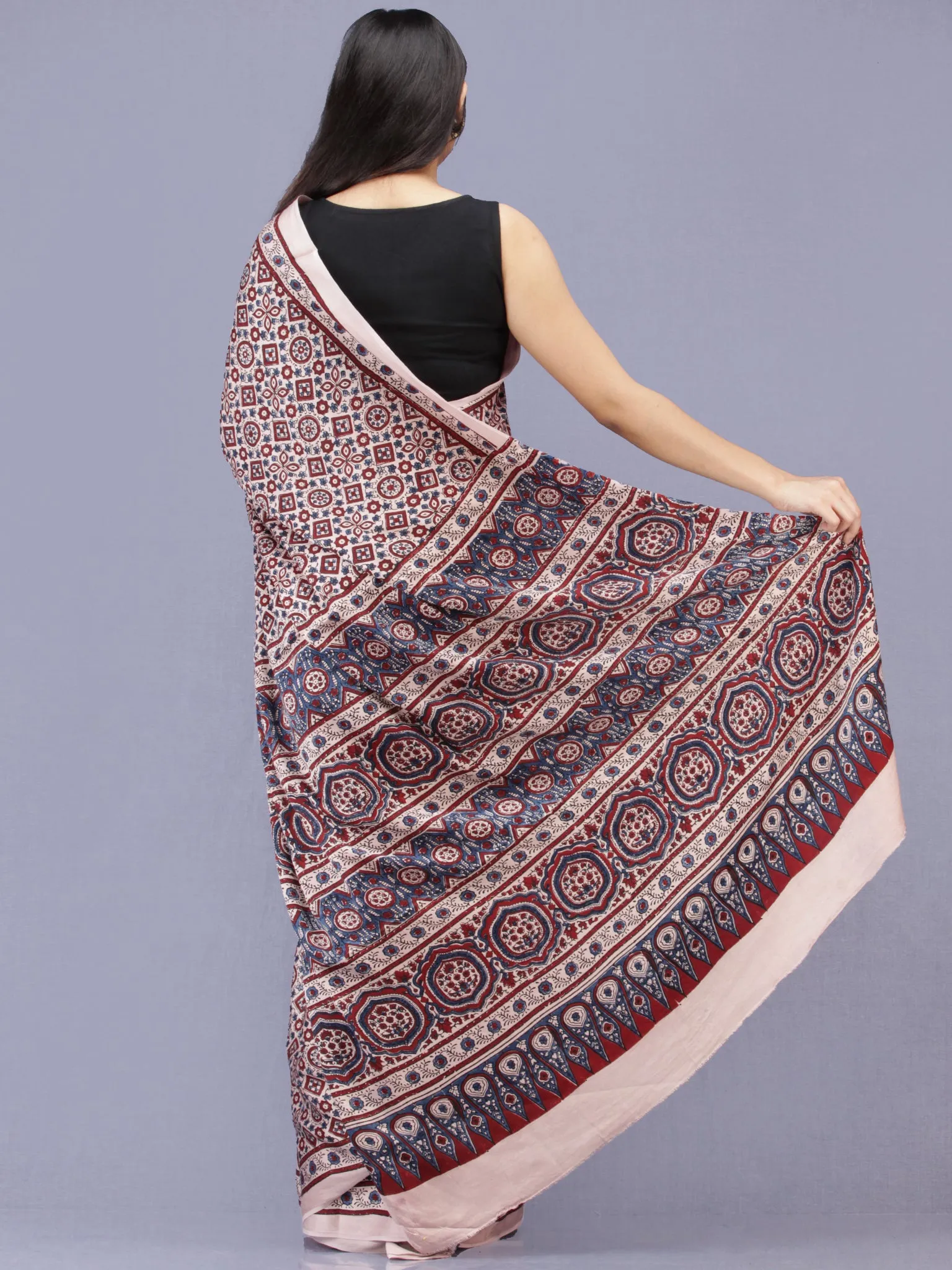 Ivory Red Indigo Ajrakh Hand Block Printed Modal Silk Saree - S031704183