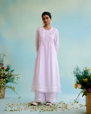 Lilac Pearl Kurta in Silky Modal with Beaded Smocking and Delicate Lace Detaling with Wide Leg Pants