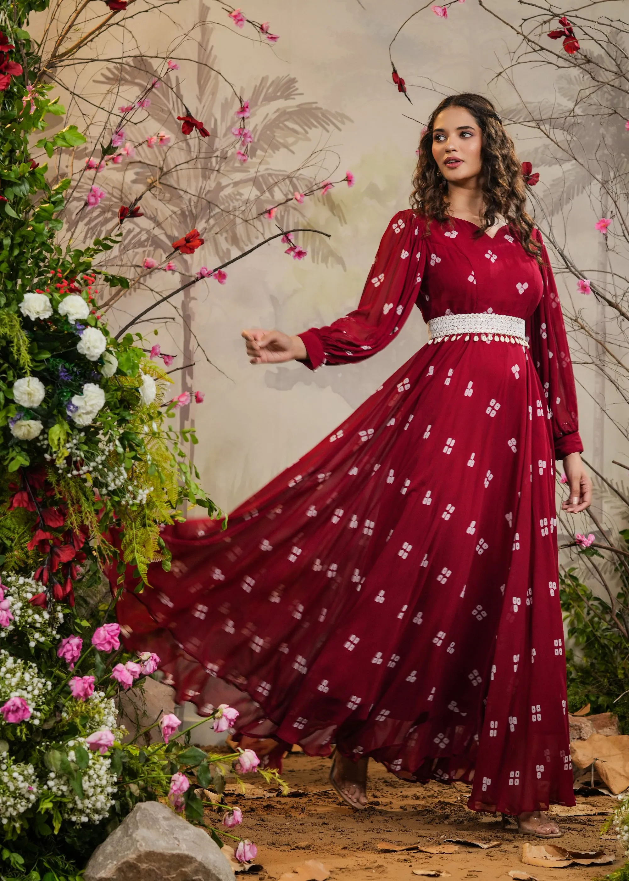 Maheep Red Bandhej Gown With Belt