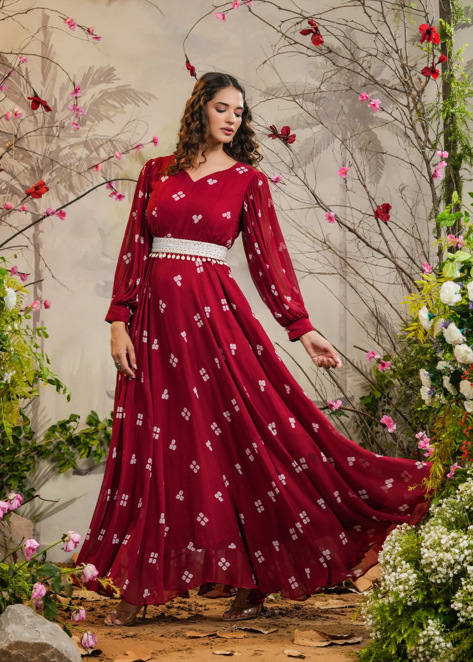 Maheep Red Bandhej Gown With Belt
