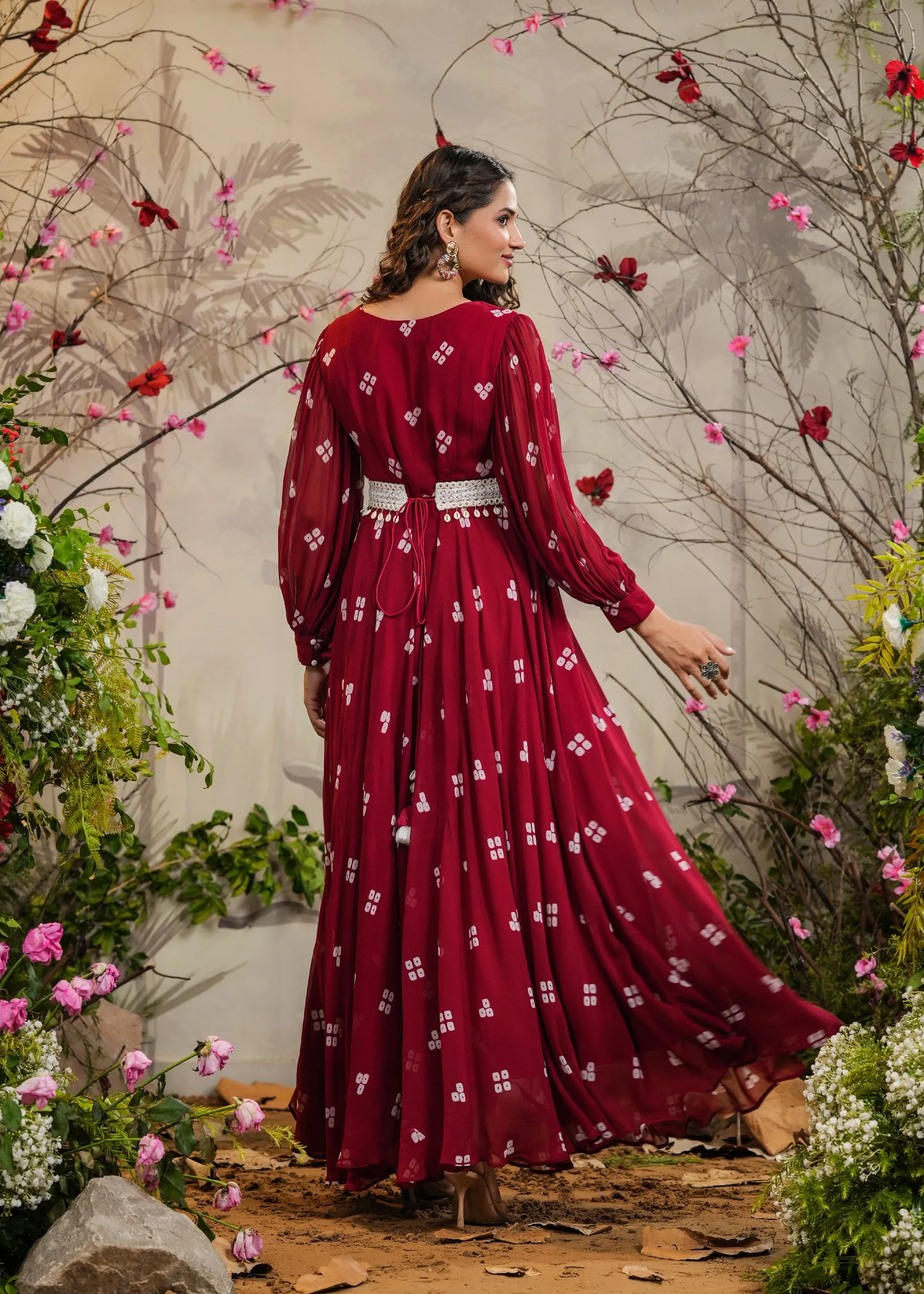 Maheep Red Bandhej Gown With Belt