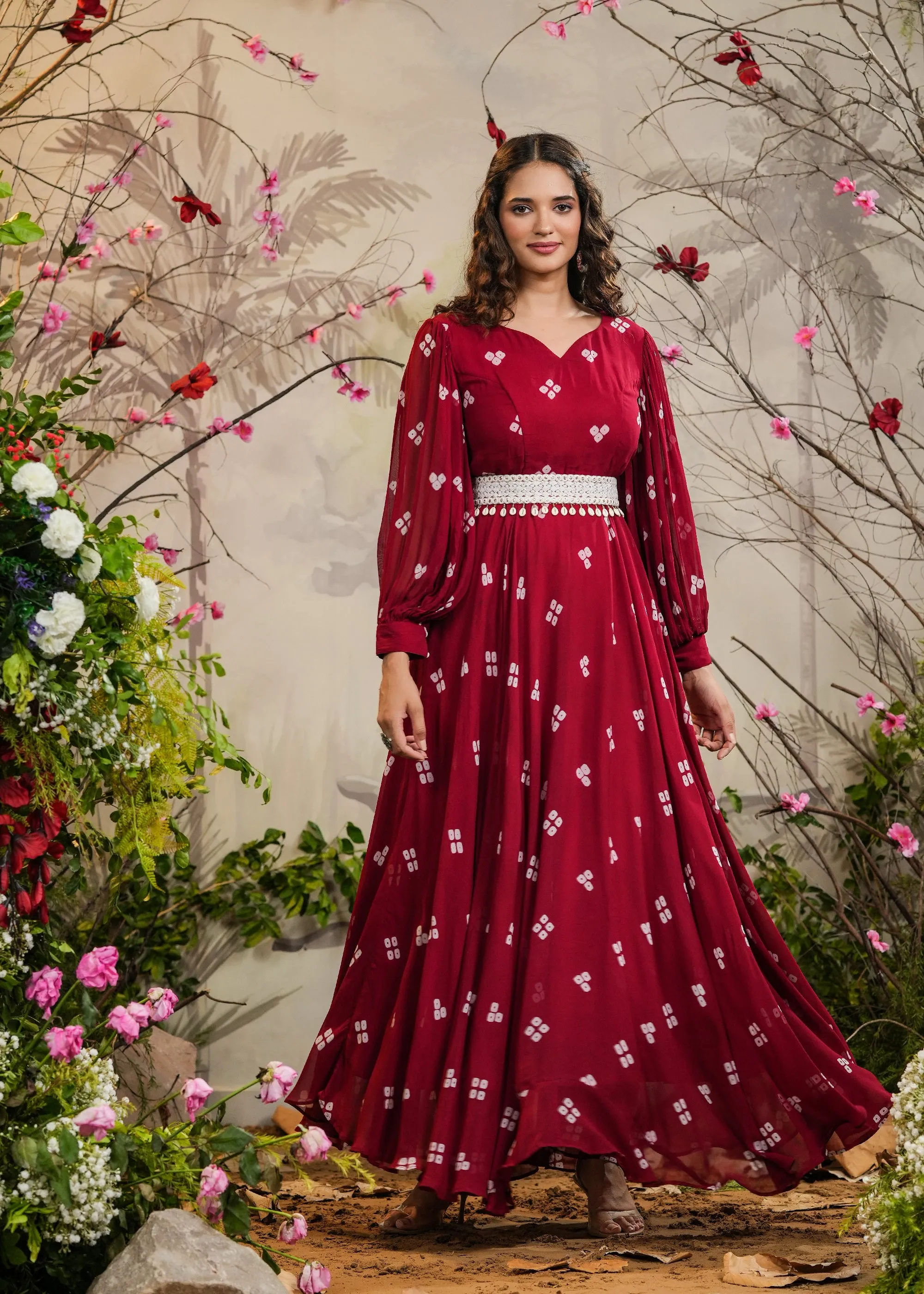 Maheep Red Bandhej Gown With Belt