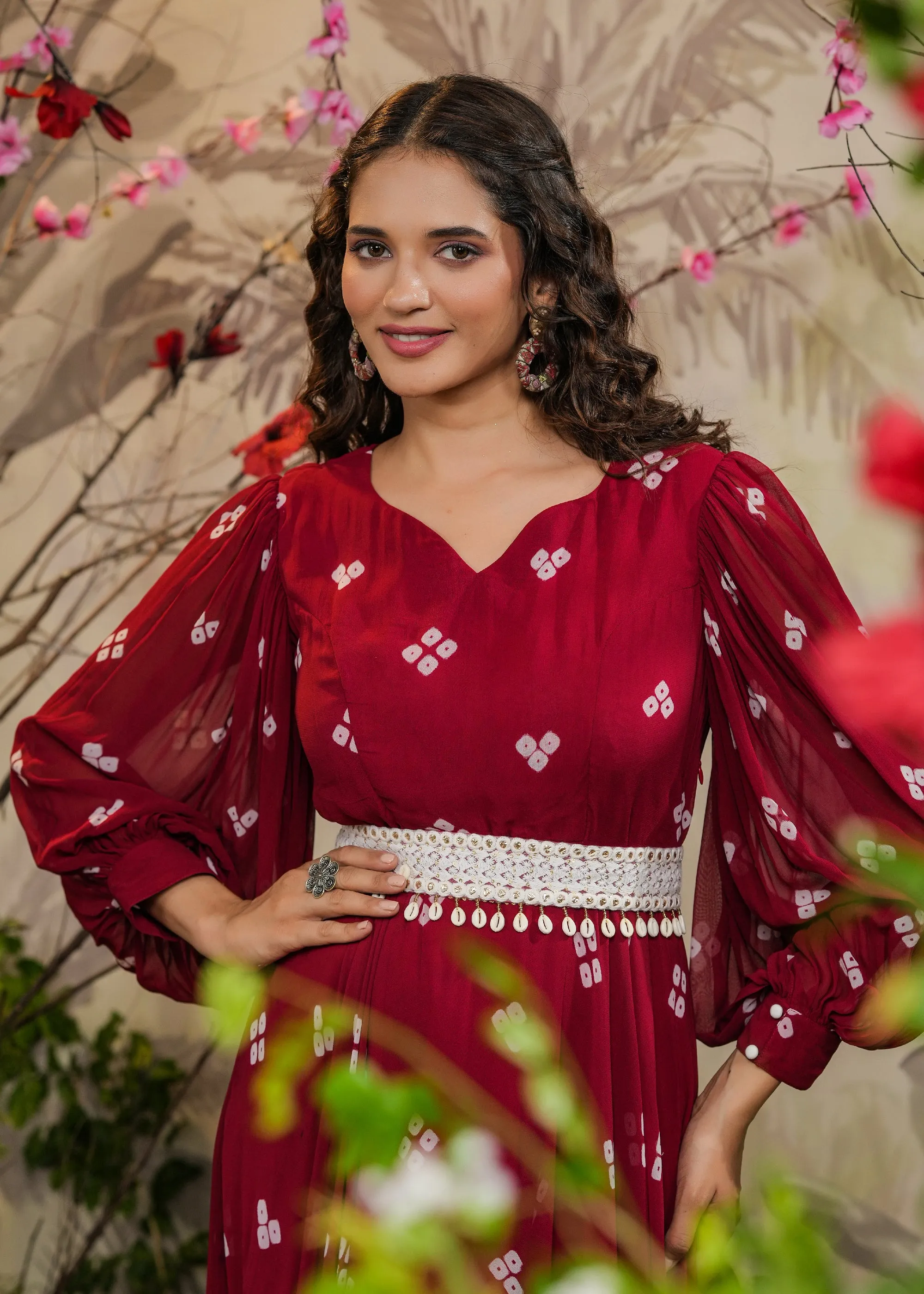 Maheep Red Bandhej Gown With Belt