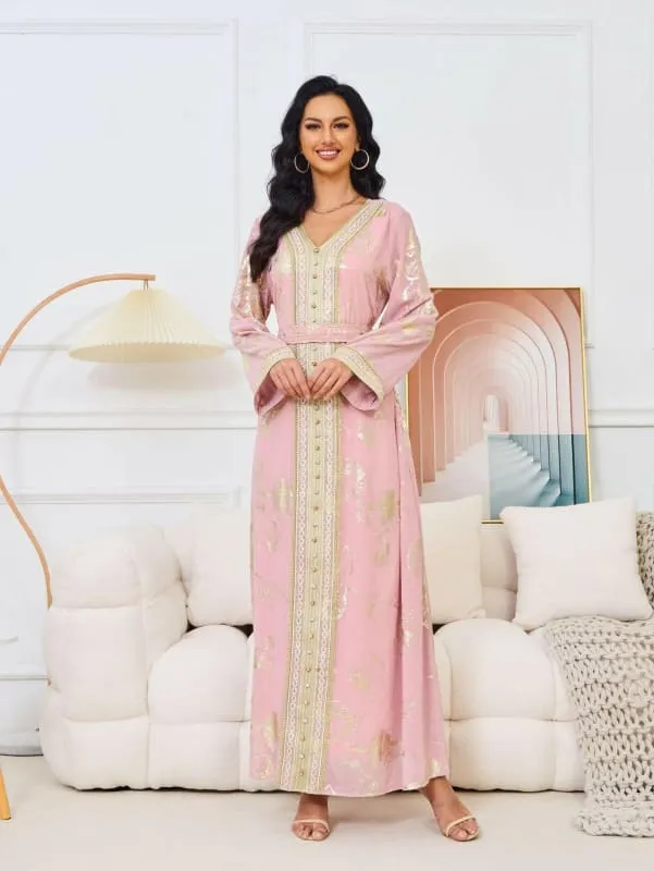 Pink Stamped Fashion Muslim Womens Kaftan Dress for Parties