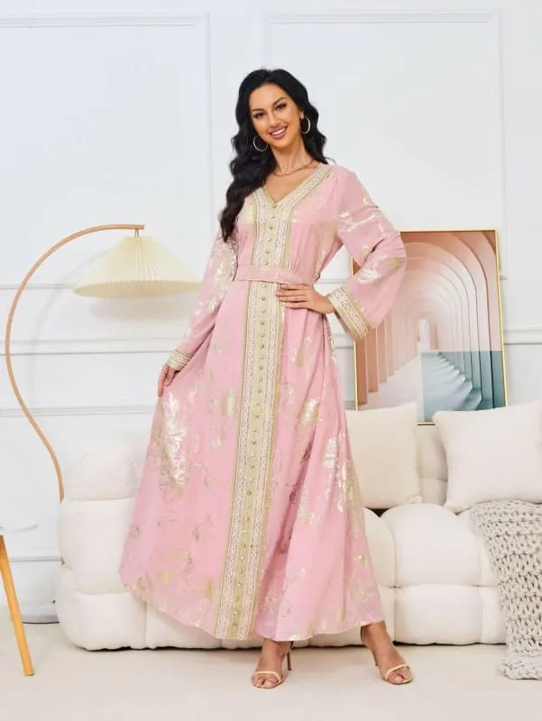 Pink Stamped Fashion Muslim Womens Kaftan Dress for Parties