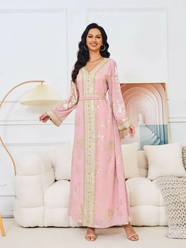 Pink Stamped Fashion Muslim Womens Kaftan Dress for Parties