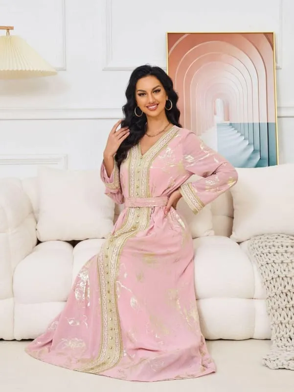 Pink Stamped Fashion Muslim Womens Kaftan Dress for Parties