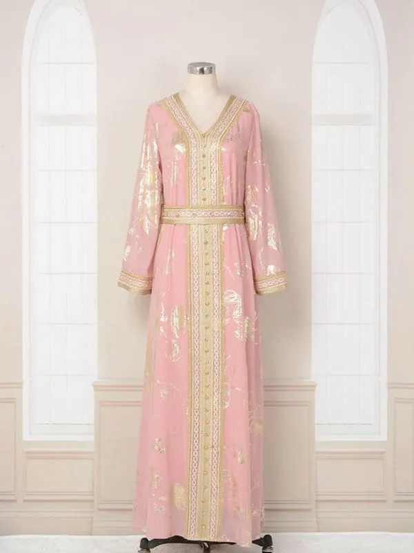 Pink Stamped Fashion Muslim Womens Kaftan Dress for Parties