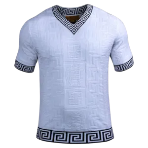 Prestige white men's v-neck t-shirts greek key trim around the Collar and Sleeve