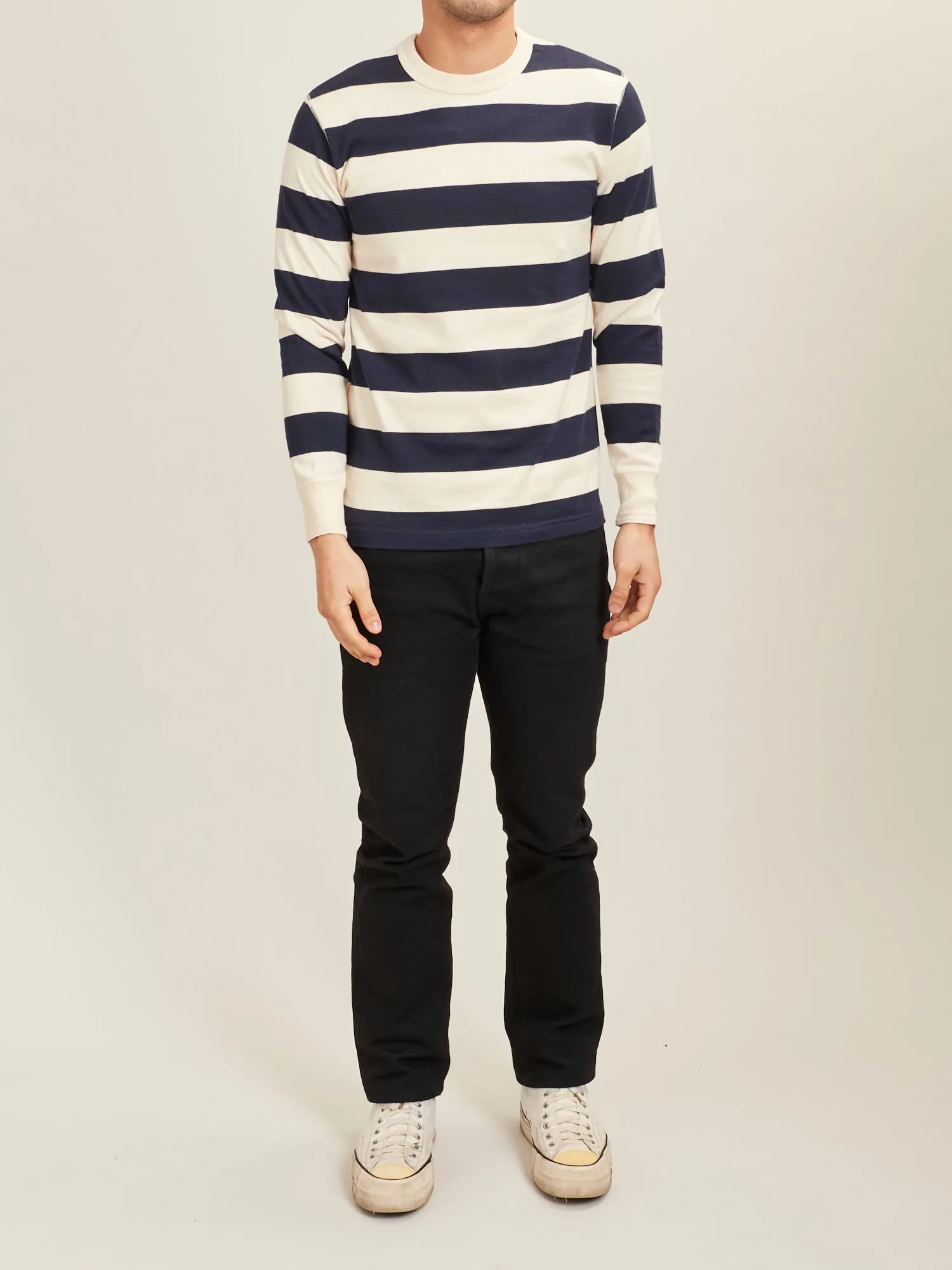 Striped Border Long Sleeve T-Shirt in Navy