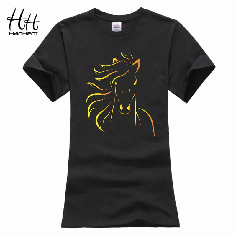 T-shirts HanHent Brand Design Print Horse Women Tshirt Girls Black T-Shirt
