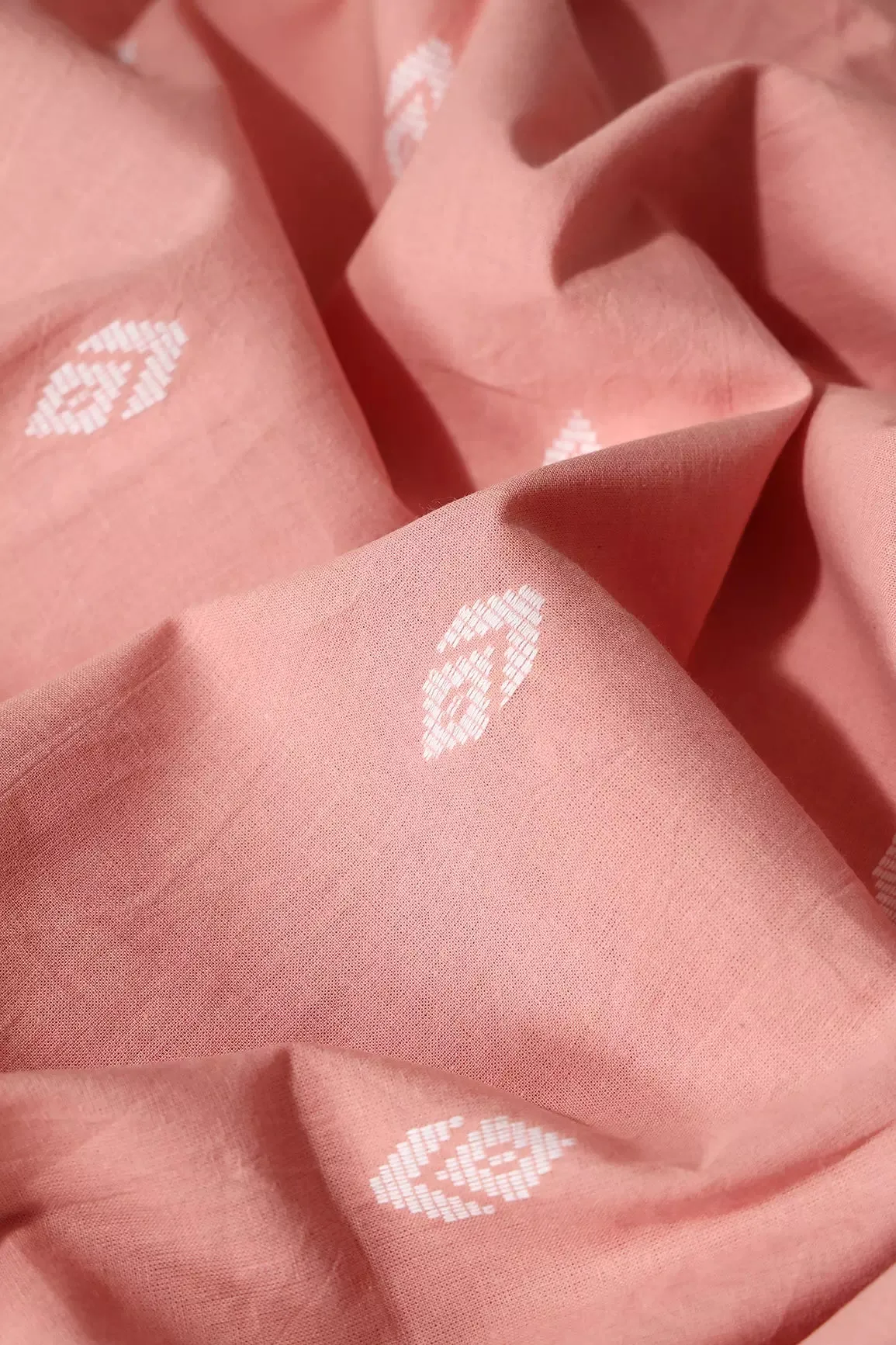 White And Dusty Peach Small Booti Pattern Handwoven Organic Cotton Fabric