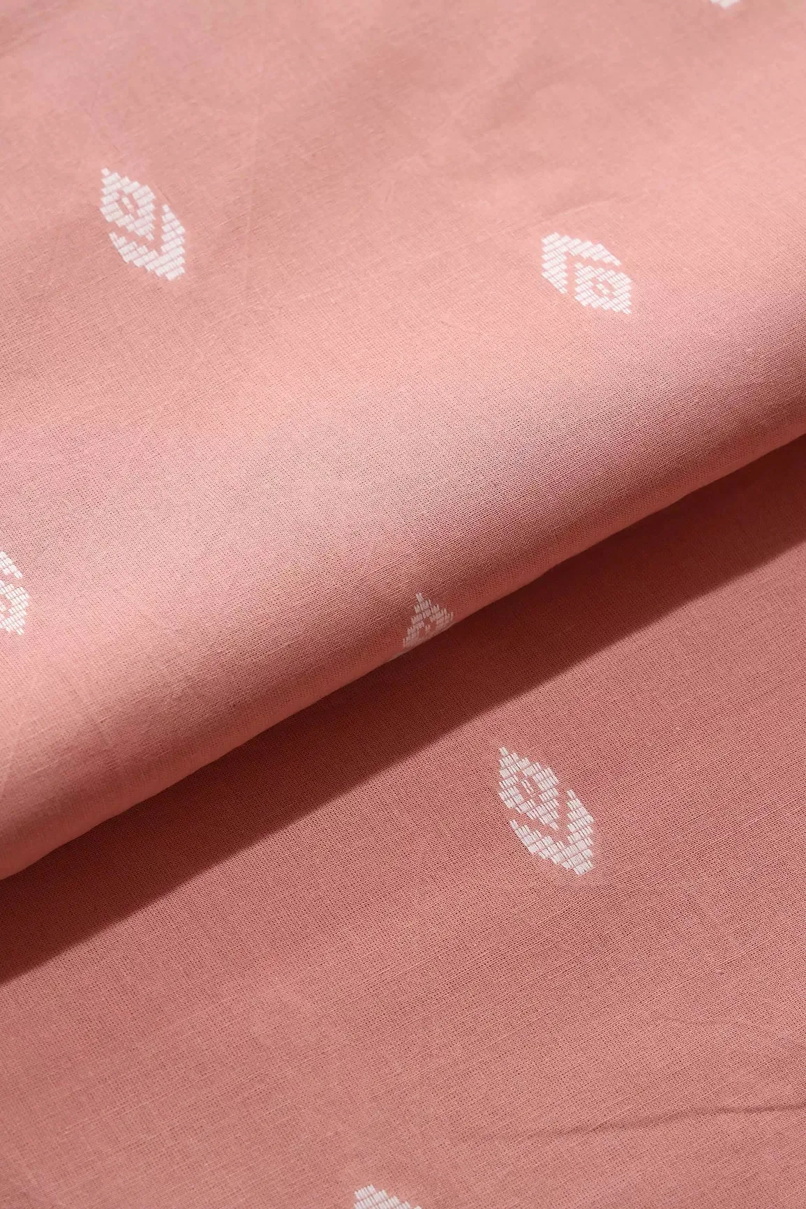 White And Dusty Peach Small Booti Pattern Handwoven Organic Cotton Fabric