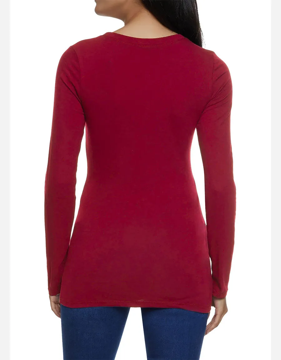 Women's T-Shirt Long Sleeves Single Jersey Crew Neck-Mehroon