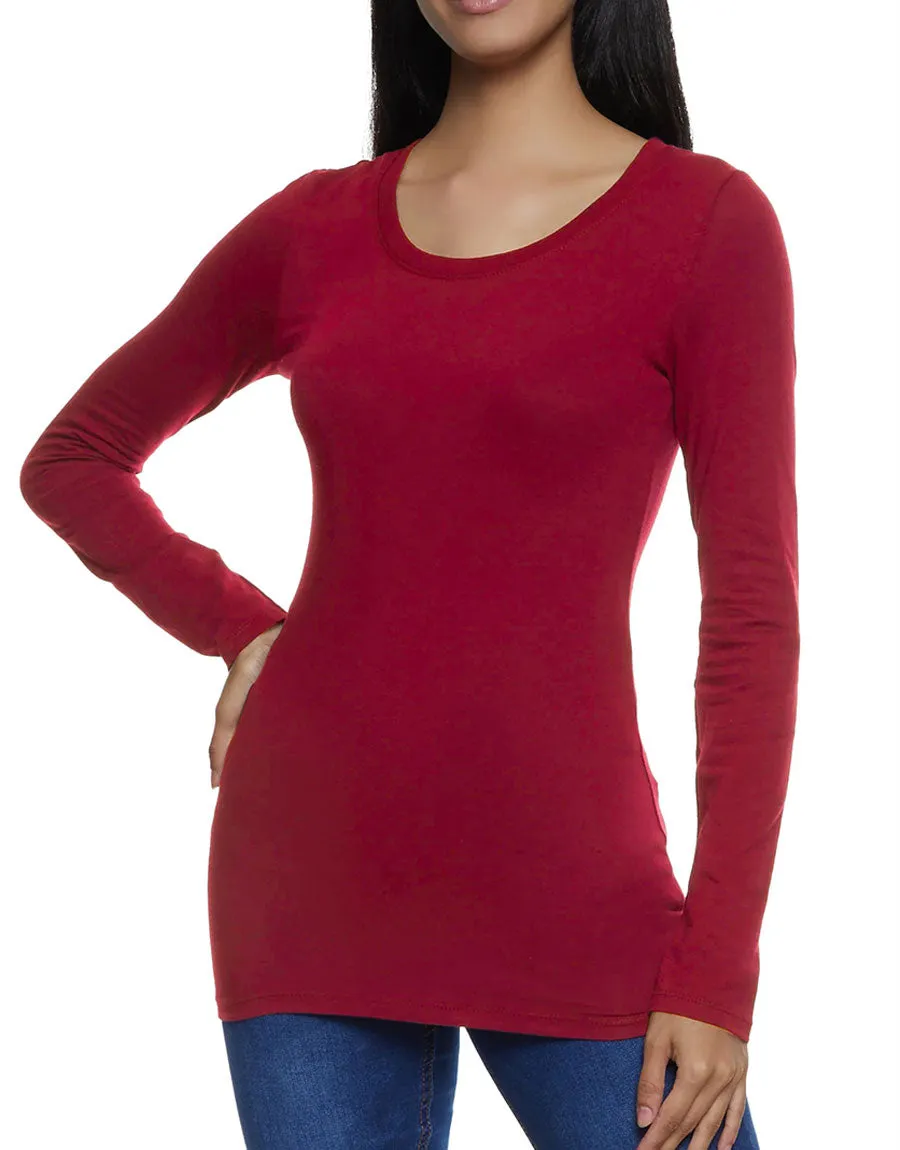 Women's T-Shirt Long Sleeves Single Jersey Crew Neck-Mehroon